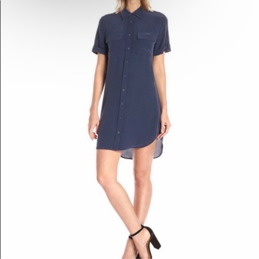 Equipment Femme Silk Shirt Dress Button Down Blue Short Sleeve Size S